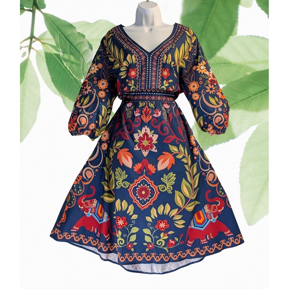 BloomChic Dresses & Skirts - BLOOMCHIC  Sz 12 Navy Floral Print V Neck Long Sleeve Midi Dress Womens